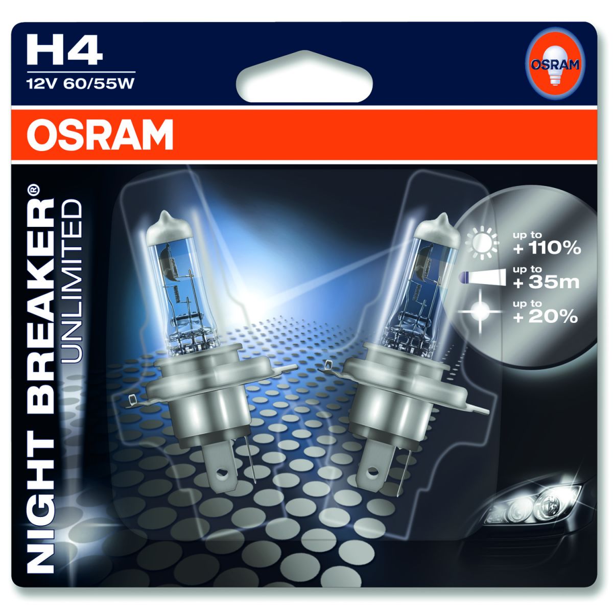 Комплект ламп OSRAM H4 NIGHT BREAKER UNLIMITED 110% (60/55W12VP43T), блистер