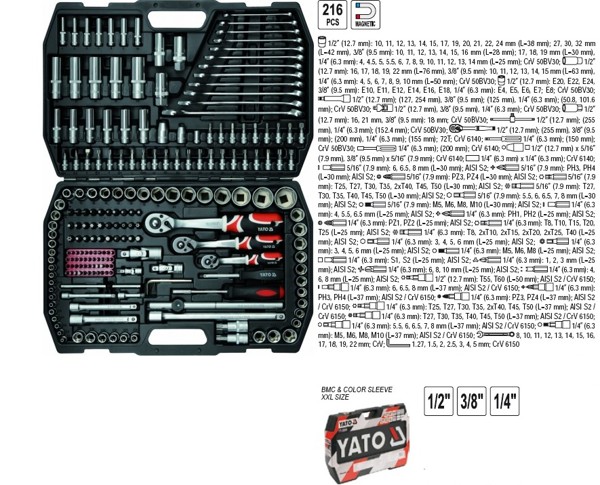 YT-3884 YATO Набор инструментов 216 пр: 1/4 inch, 3/8 inch, 1/2 inch