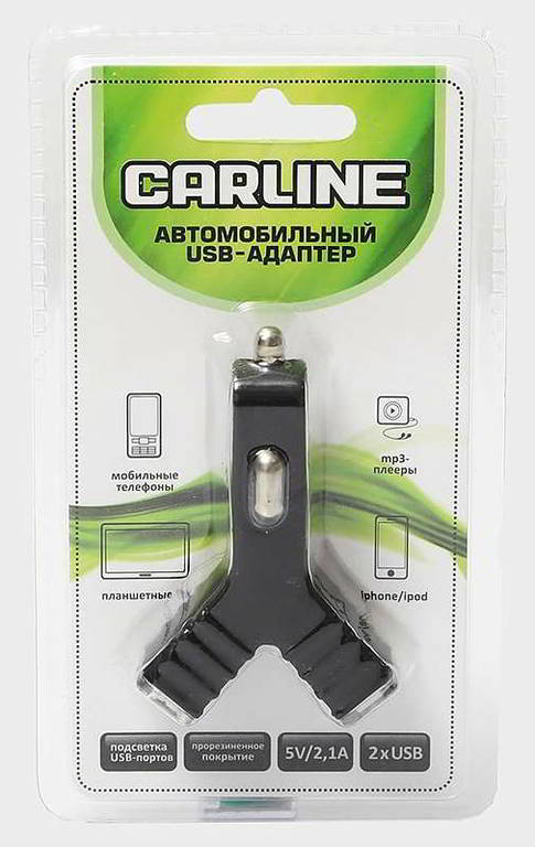 CARLINE Адаптер автомобильный в прикуриватель 12 / 24 В, 2 х USB, c подсветкой, выходные данные 5 В /до 2.1 А