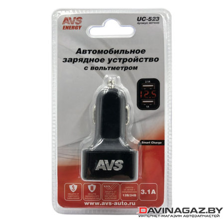 AVS - Автомобильное зарядное устройство 2 USB с вольтметром, 3A / A07444S