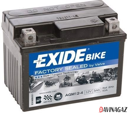 Аккумулятор для мотоциклов и скутеров - EXIDE BIKE AGM 12V 3AH 50A 150x100x100mm / AGM12-4