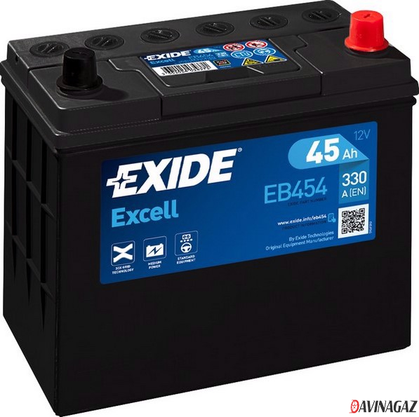 Аккумулятор - EXIDE EXCELL 12V 45AH 330A ETN 0(R+) B0 234x127x220mm / EB454
