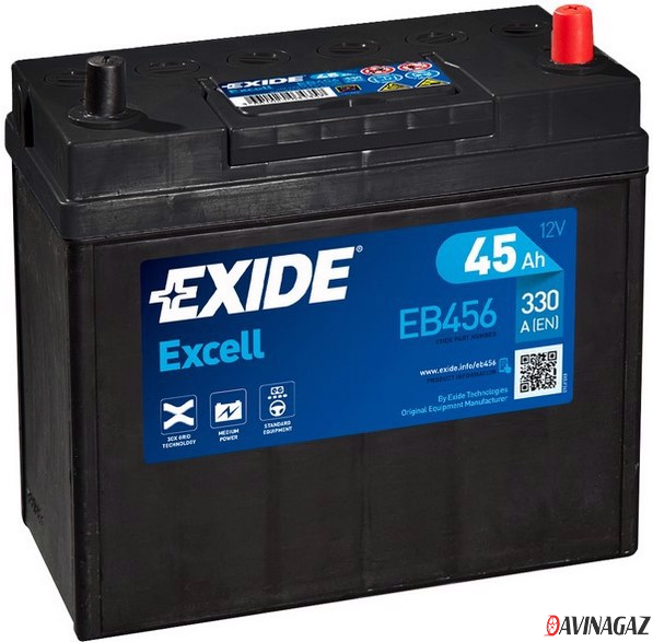 Аккумулятор - EXIDE EXCELL 12V 45AH 300A ETN 0(R+) B0, тонкие клеммы 234x127x220mm / EB456