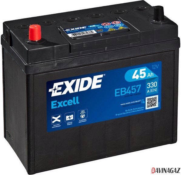 Аккумулятор - EXIDE EXCELL 12V 45AH 300A ETN 1(L+) B0, тонкие клеммы 234x127x220mm / EB457