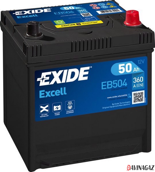 Аккумулятор - EXIDE EXCELL 12V 50AH 360A ETN 0(R+) Korean B1 200x170x220mm / EB504