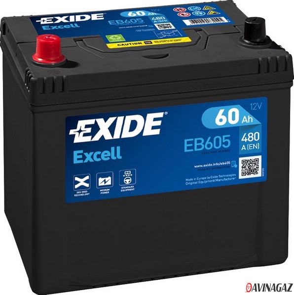Аккумулятор - EXIDE EXCELL 12V 60AH 390A ETN 1(L+) B0 230x172x220mm / EB605