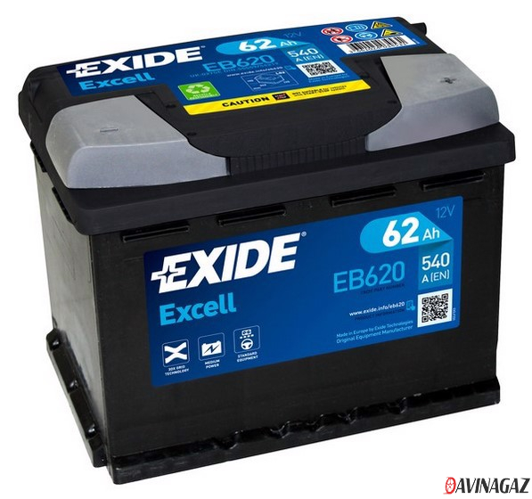 Аккумулятор - EXIDE EXCELL 12V 62AH 540A ETN 0(R+) B13 242x175x190mm / EB620