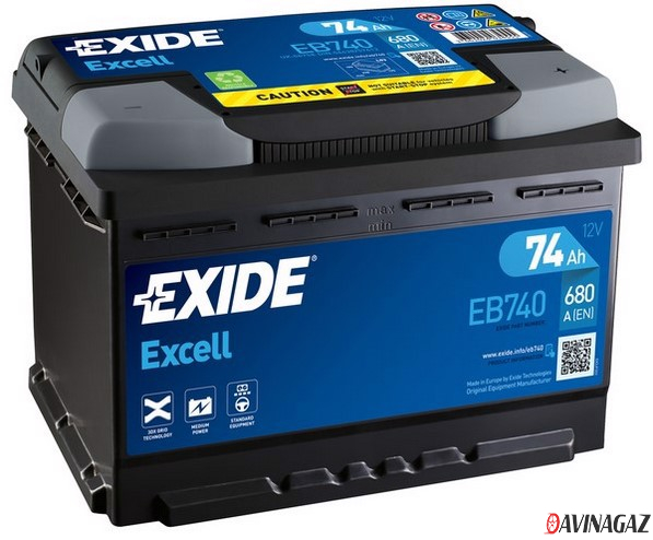Аккумулятор - EXIDE EXCELL 12V 74AH 680A ETN 0(R+) B13 278x175x190mm / EB740