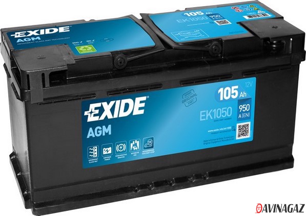 Аккумулятор - EXIDE AGM 12V 105AH 950A ETN 0(R+) B13 392x175x190mm/ EK1050