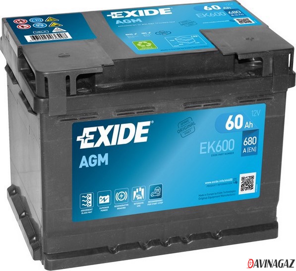 Аккумулятор - EXIDE AGM 12V 60AH 680A ETN 0(R+) B13 242x175x190mm / EK600