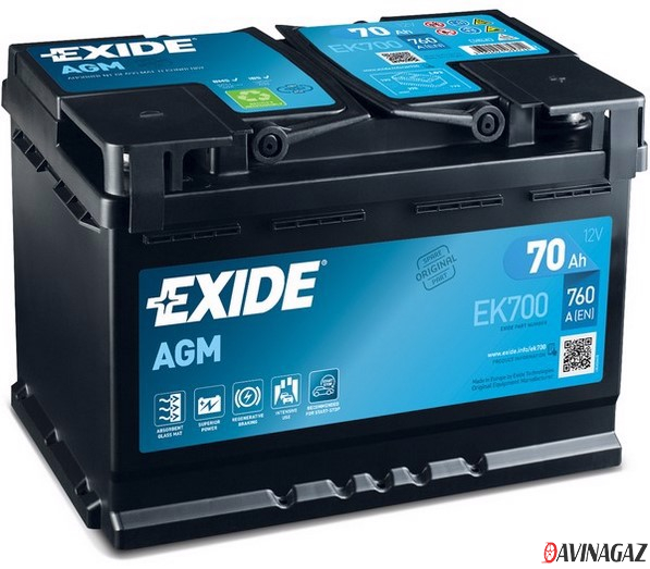 Аккумулятор - EXIDE AGM 12V 70AH 760A ETN 0(R+) B13 278x175x190мм / EK700