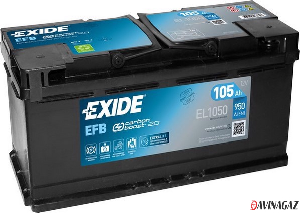 Аккумулятор - EXIDE Start&Stop EFB 12V 105AH 950A ETN 0(R+) B13 392x175x190мм / EL1050
