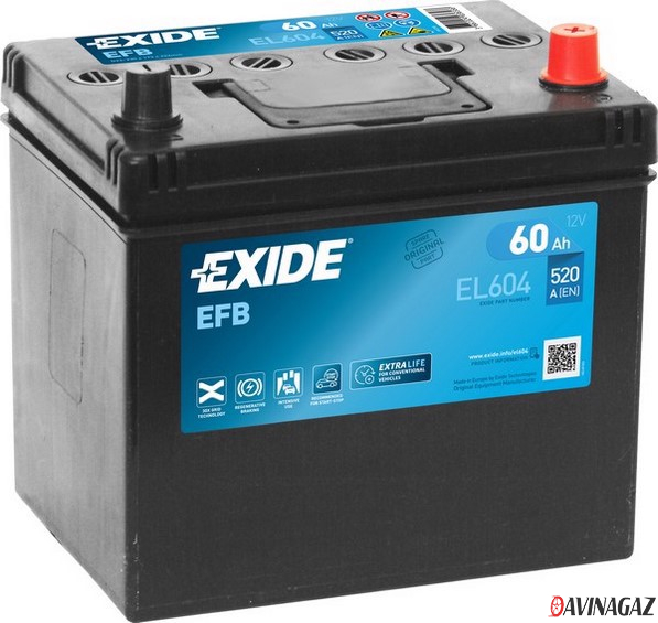 Аккумулятор - EXIDE Start&Stop EFB 12V 60AH 520A ETN 0(R+) B0 230x173x222mm / EL604
