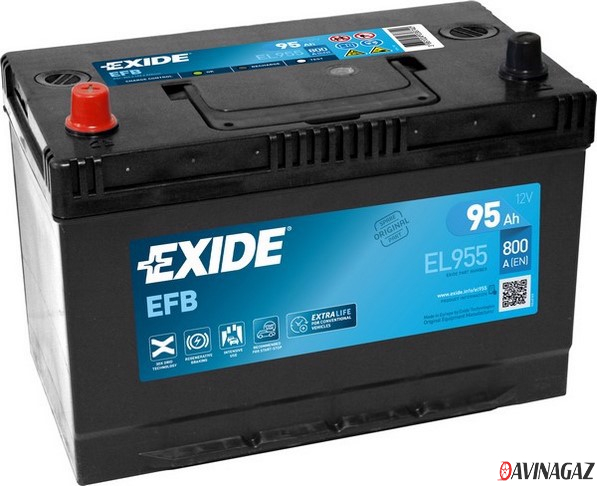 Аккумулятор - EXIDE Start&Stop EFB 12V 95AH 800A ETN 1(L+) Korean B1 306x173x222мм / EL955
