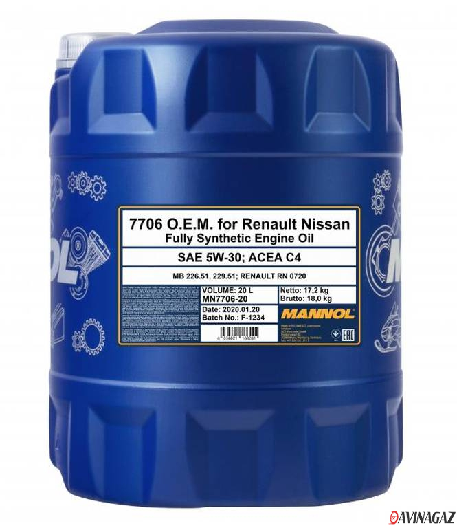 Масло моторное синтетическое - MANNOL 7706 Energy Formula RN 5W30, 20л (53758 / MN7706-20)