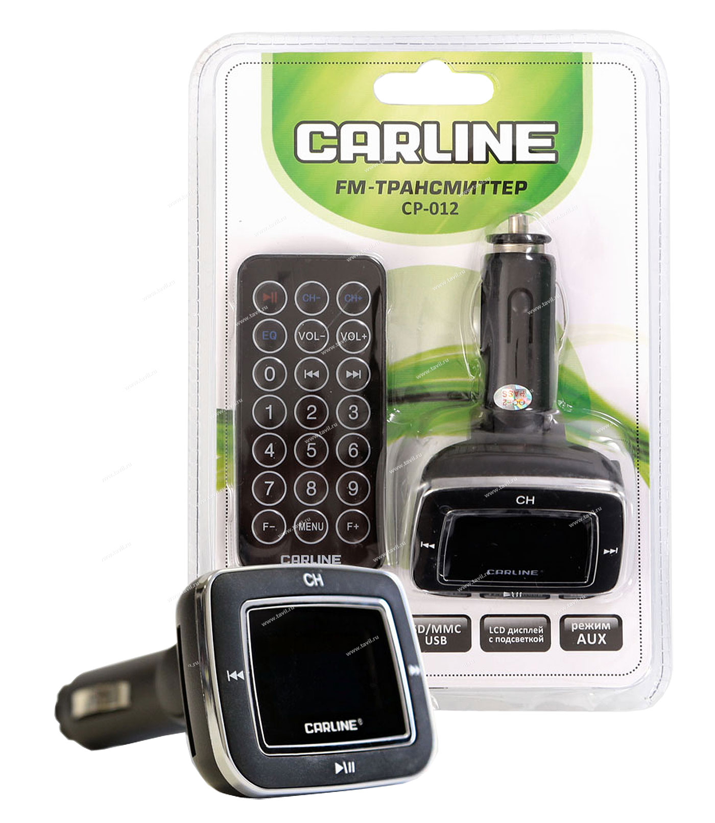 CARLINE FM-трансмиттер автомобильный, монохромный LCD с подсветкой, поддержка MP3,WMA, USB-порт, microSD до 16 Гб, пульт дистанционного управления, запасной предохранитель