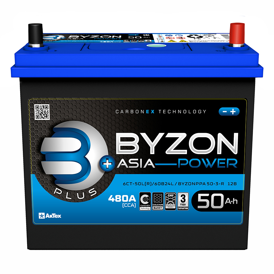 Аккумулятор - BYZON PLUS ASIA 50A/h (R+) 480А 238х127х225мм / BYZ50R.B24.PLS