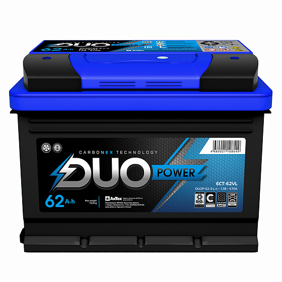 Аккумулятор - DUO POWER 62A/h (L+) НИЗКИЙ 570А 242х175х175мм / DUO62L.LB2