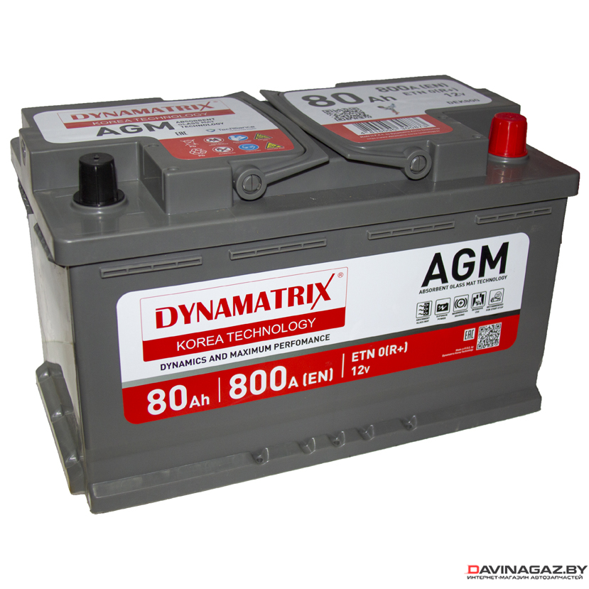 Аккумулятор - DYNAMATRIX-KOREA AGM 12V 80Ah 800A ETN 0(R+) B13 315x175x190мм / DEK800