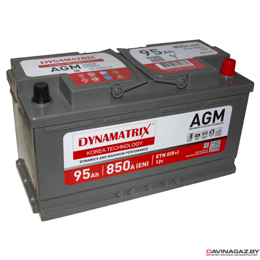 Аккумулятор - DYNAMATRIX-KOREA AGM 12V 95Ah 850A ETN 0(R+) B13 353x175x190мм / DEK950
