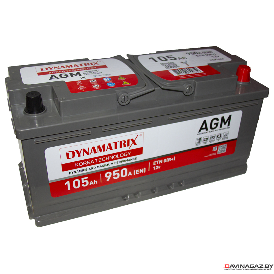 Аккумулятор - DYNAMATRIX-KOREA AGM 12V 105Ah 950A ETN 0(R+) B13 394x175x190мм / DEK1050