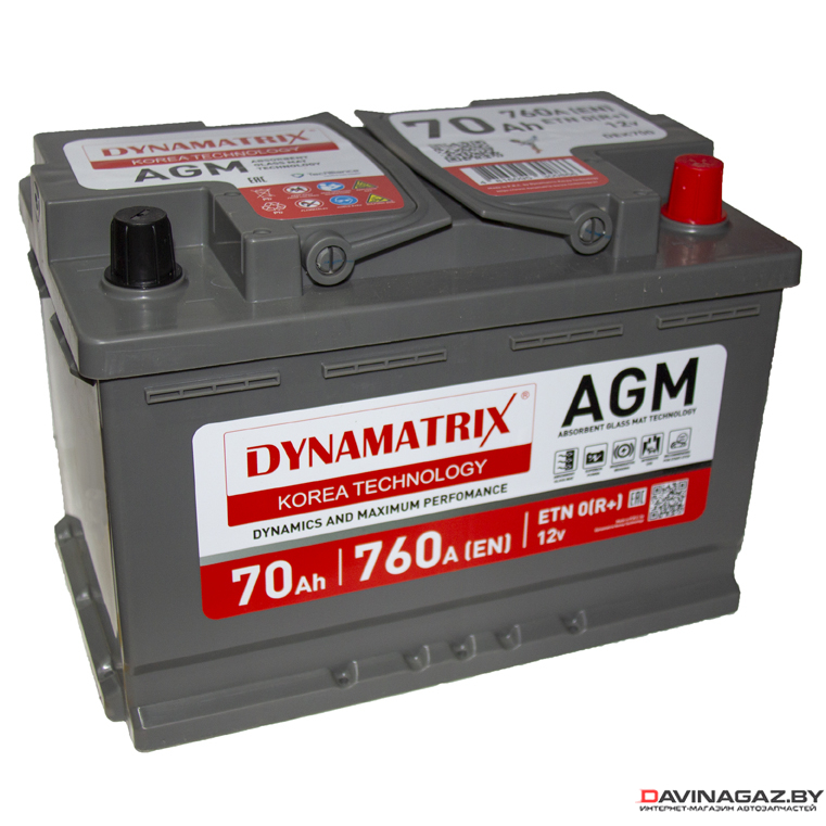 Аккумулятор - DYNAMATRIX-KOREA AGM 12V 70Ah 760A ETN 0(R+) B13 278x175x190мм / DEK700