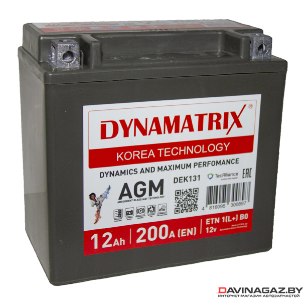 Аккумулятор для мотоциклов и скутеров - DYNAMATRIX-KOREA AGM 12V 12Ah 200A ETN 1(L+) B0 150x87x145мм / DEK131