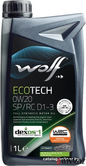 Масло моторное синтетическое - WOLF ECOTECH 0W20 SP/RC D1-3, 1л (161731 / 1049889)